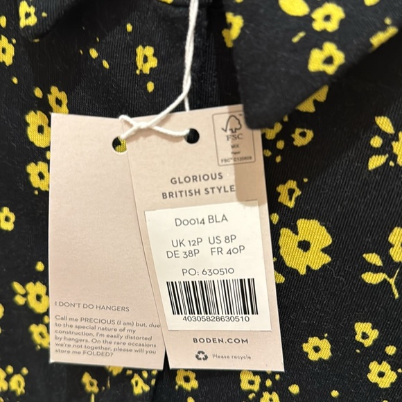 Boden black and yellow button down floral dress (without belt); has pockets! NWT - Picture 6 of 6